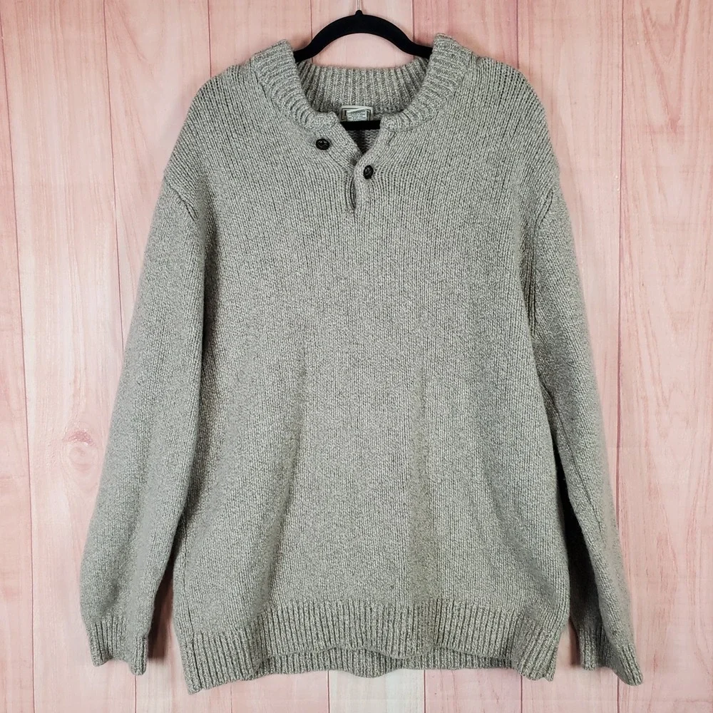 L.L. Bean Mens‎ Sweater 2XL Tall Tan Knitted Henley Neck Lambswool 285175